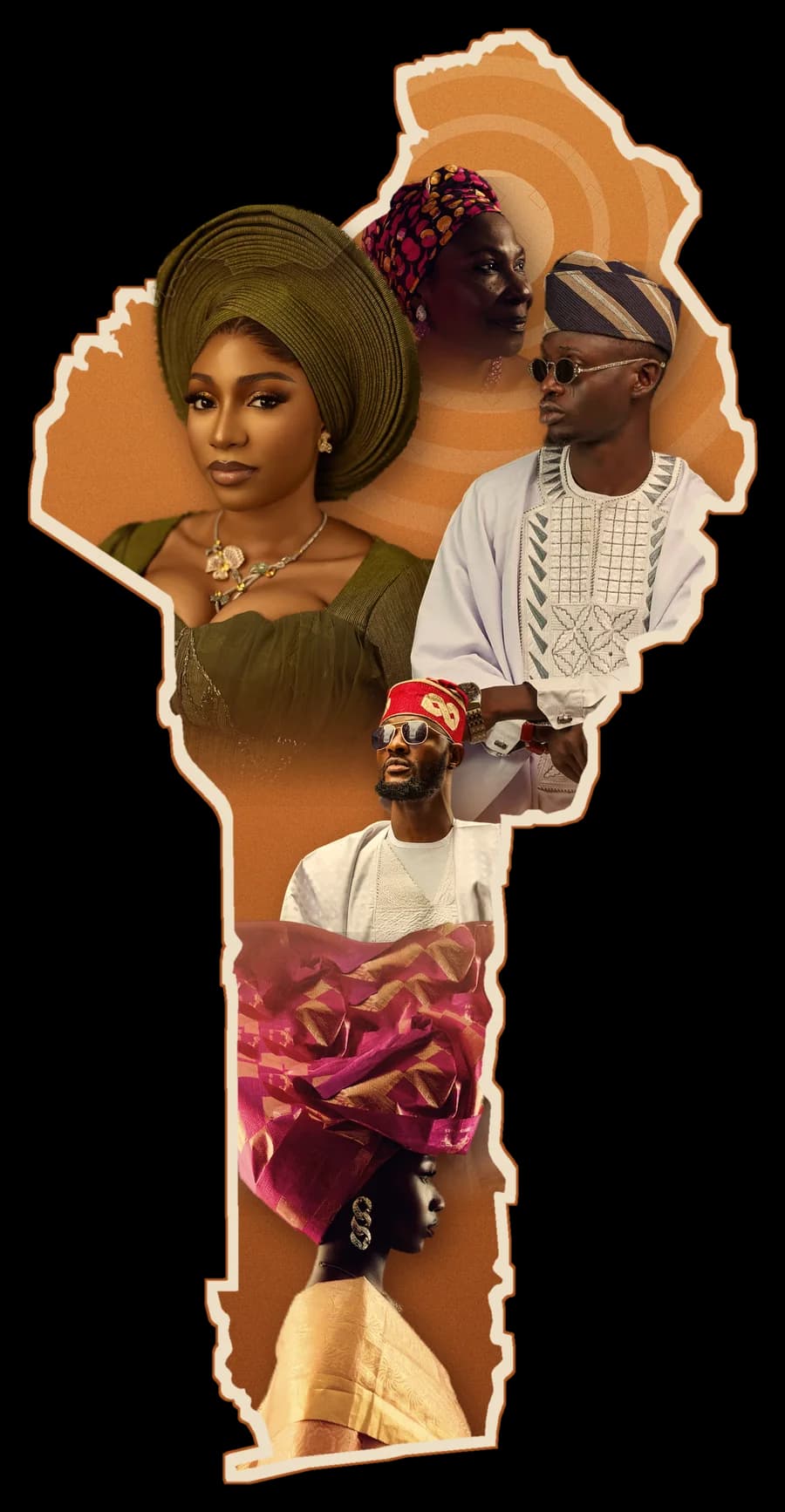 Photomontage : la carte du Bénin habitée de femmes et d’hommes en tenue traditionnelle moderne, gèlè, foulard, agbada et fila, sur fond de soleil orange.
